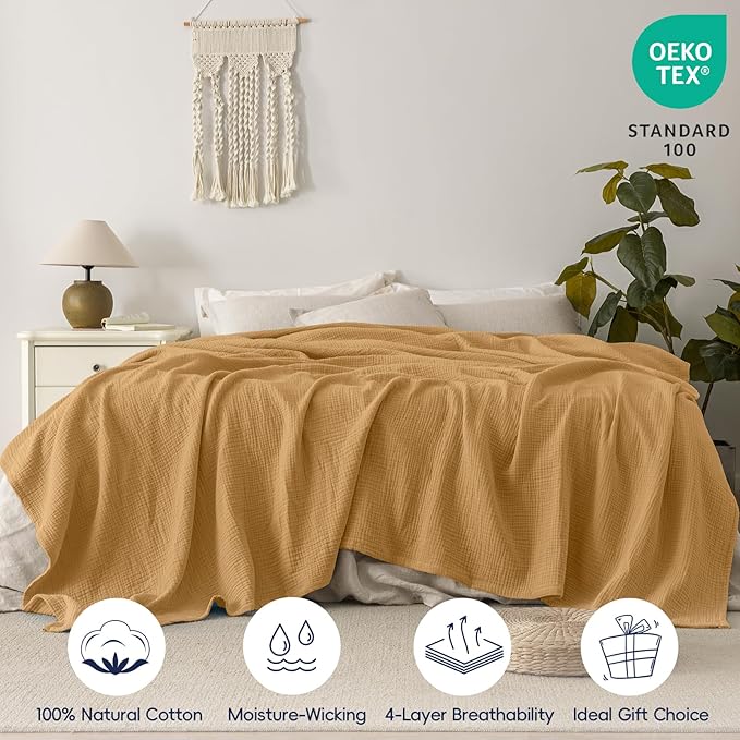 PHF 100% Cotton Muslin Blanket Queen Size 90"x90", 4-Layer Lightweight Gauze Throw, Breathable Cloud-Soft Minimalist Blanket for Bed, Couch, Camping & Baby, Amber, Ideal Gift