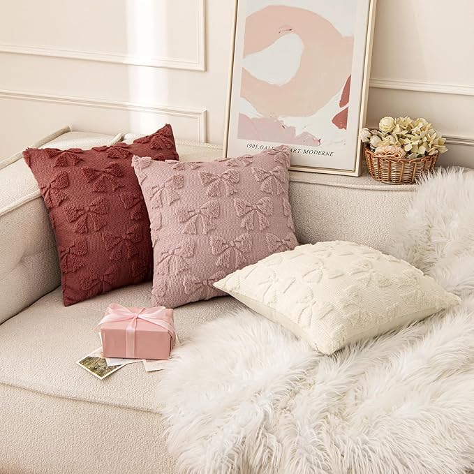 MIULEE Christmas Burgundy Bow Pillow Covers Coquette Room Decor Aesthetic Set of 2 Decorative Cute Girl Throw Pillow Soft Plush Faux Pillowcase for Girl Bed Couch Sofa,18x18 Inch