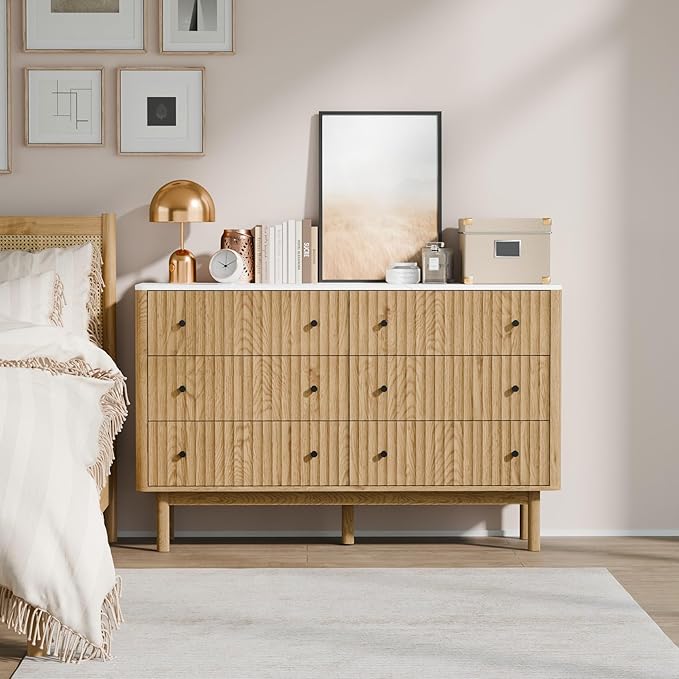 RECCI Fluted 6 Drawers Dresser for Bedroom, 54" Wide Chest of Drawers with 3D Fluted Panel, Faux Marble Top, Solid Wood Legs, Storage Drawers, TV Stand, Closet Chests for Bedroom, Natural Oak