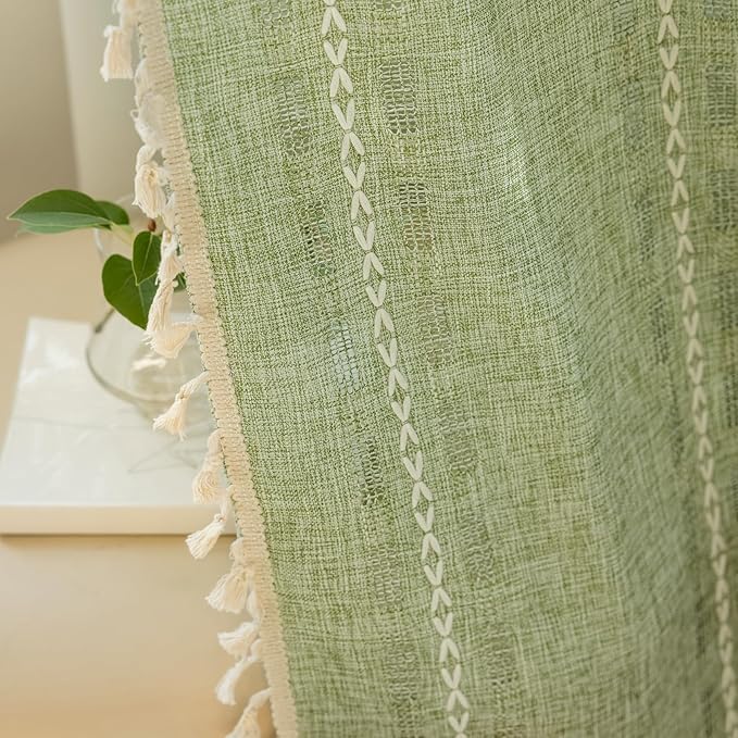 Deeprove Sage Green Boho Curtain 84 inches Length for Living Room Bedroom Nursery Doorway, Sheer Bohemian 84 inches Long Stripe Embroidery Privacy Window Fringe Christmas Decor W52 x L84, 1 Panel