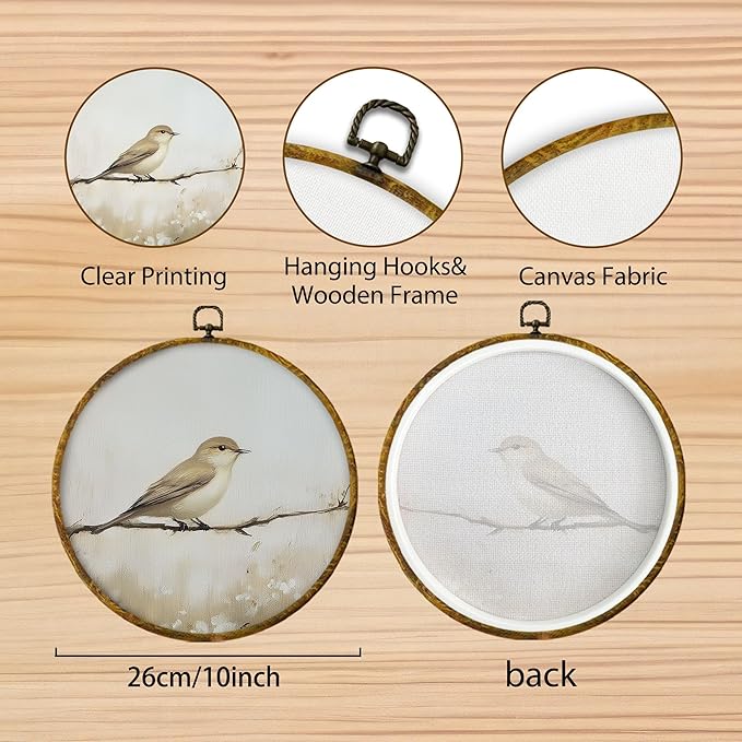 Hiuwevt Neutral Bird Round Wall Art Decor, Minimalist Cottagecore Bird Beige Hanging Canvas Prints Artwork Framed, Rustic Nature Circular Wall Decor for Home Bedroom Living Room, 10x10 Inch