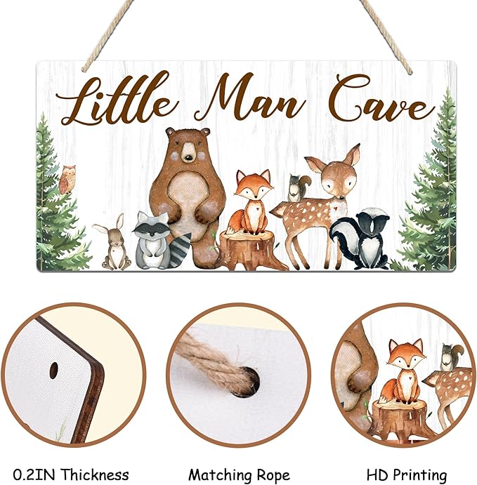 Uflashmi Wood Liitle Man Cave Sign, Woodland Animal Nursery Wall Decor for Baby Boys Room, Woodland Theme Nursey Room Decor for Toddler Boy, 12”x6”