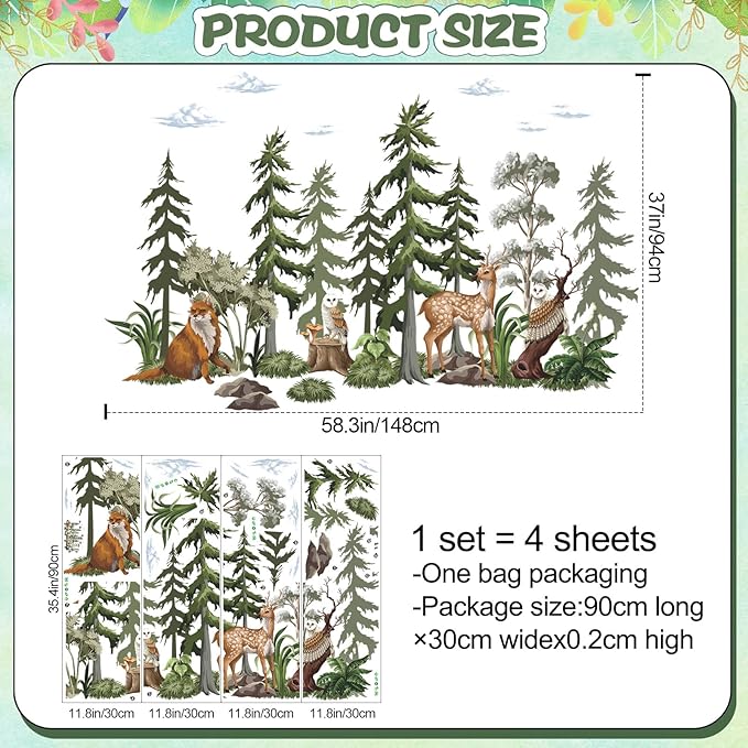 37x58.3 Inch Large Mountain Forest Tree Wall Decals Removable Woodland Animals Fox Deer Peel and Stick Wall Stickers Watercolor Jungle Animals Pine Tree Wall Decor for Kids Bedroom Decoration