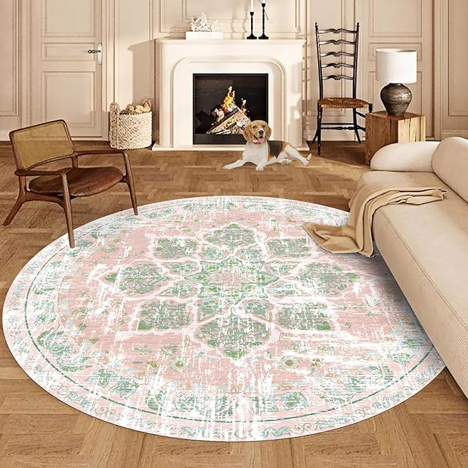 Vhong Boho Area Rugs Vintage Washable Modern Neutral 9×9 Round Carpet Dusty Pink and Green High Traffic Rugs for Dinning Room Living Room Bedroom Farmhouse Non Slip