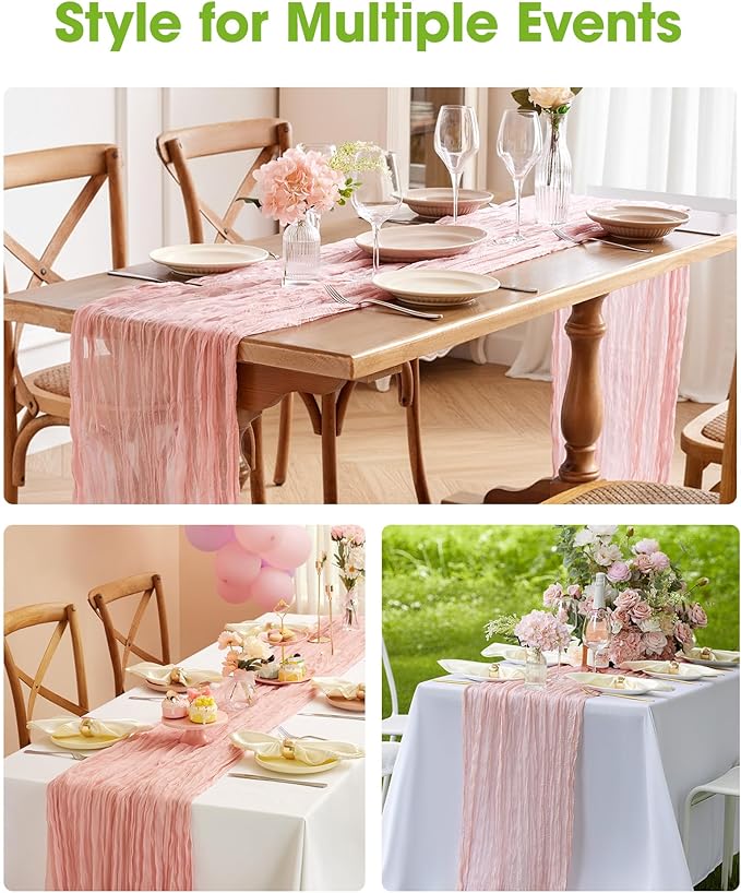 Pureegg 3-Pack Cheese Cloths Table Runner, 120'' Boho Table Cloth Decorations for Party, Baby Shower, Wedding and Farmhouse, Fabric Room Decor, Dusty Pink