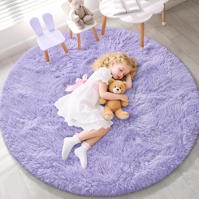 EVOIONOS Lavender Purple Round Rug for Bedroom, 4x4 Ft Fluffy Soft Circle Area Rugs Living Room, Plush Shaggy Circular Carpet Indoor Floor Bedside Kids Nursery, Machine-Washable Home Decor Aesthetic