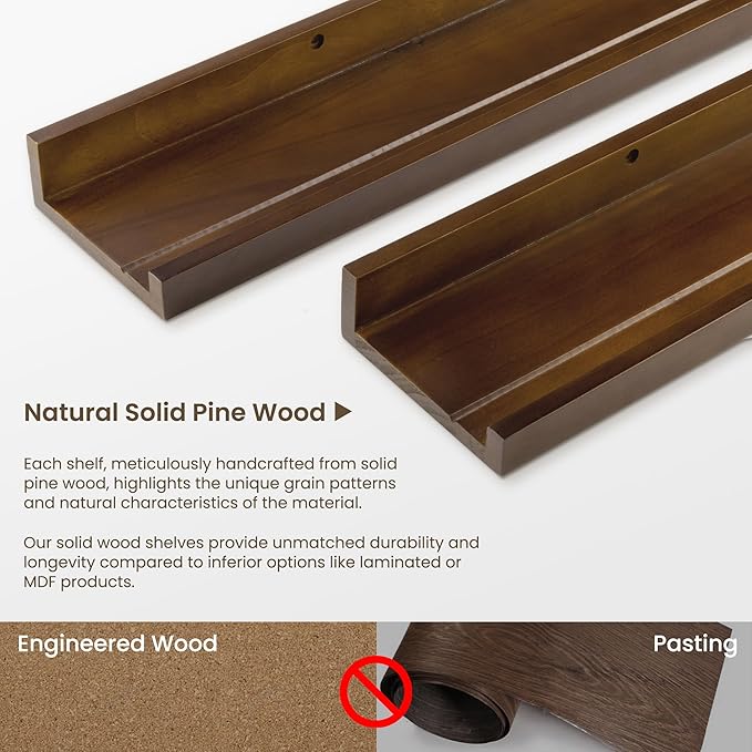 Fun Memories Picture Ledge Shelf, Pine Wood Floating Shelves Set of 2, 48 inch Nursery Book Shelves, Photo Ledge Book Shelves Wall Mounted for Living Room Kids' Room Bedroom - Walnut