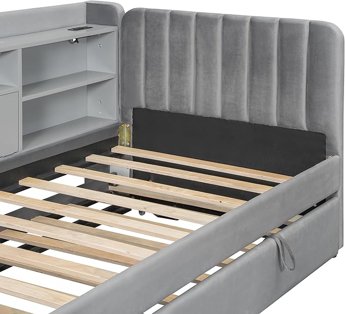 Twin Size Daybed with Trundle and Storage L-Shaped Bookshelf Headboard, Velvet Upholstered Soft Corner Bed with Charging Station and Shelves for Kids Boys Girls, Gray