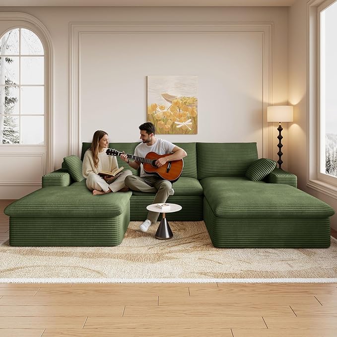 107" Cloud Modular Sectional Sofa with 1 Ottoman, Deep Seat Boneless Couch, Modern Upholstered Corduroy Couches, Comfort U Shaped Sofa for Living Room, No Assembly Required(Green,Right Facing Chaise)
