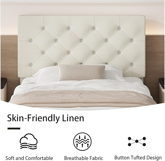BarnFurin Twin Bed Frame, Upholstered Platform Bed with Button Tufted Headboard, Fabric Bed Frame with Wooden Slats Support, No Box Spring Required, Easy Assembly, Cream