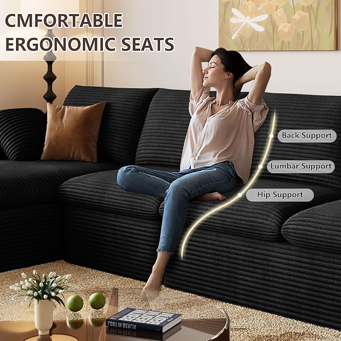 136 Inch Cloud Sectional Couch, Modern Modular Sectional Sofa with Deep Seat, Corduroy Boneless Couches with L-Shape Chaise for Living Room Bedroom, No Assembly Required (Black, Left Facing Chaise)
