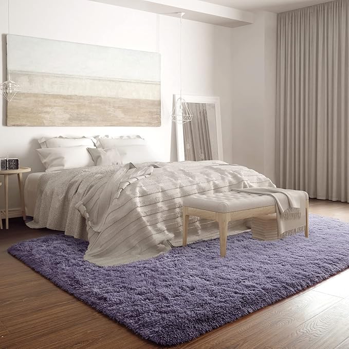 Merelax Soft Modern Indoor Large Shaggy Rug for Bedroom Livingroom Dorm Kids Room Home Decorative, Non-Slip Plush Fluffy Furry Fur Area Rugs Comfy Nursery Accent Floor Carpet 5x8 Feet, Grey-Purple