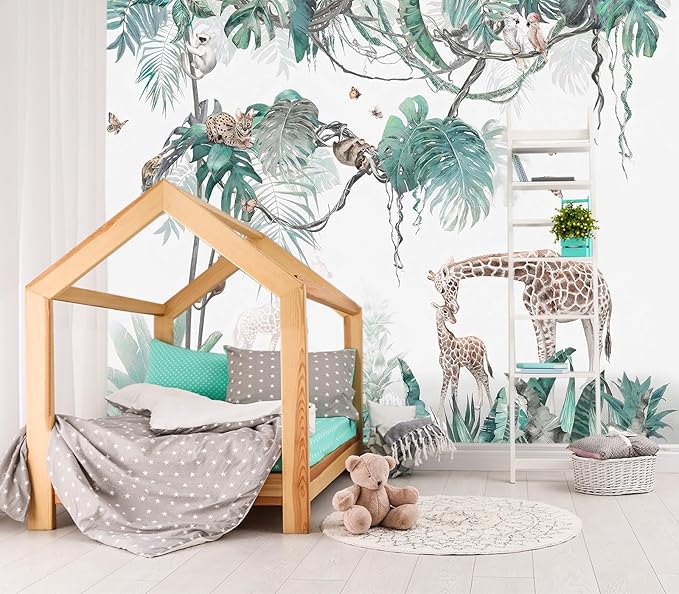 XMPMBM-Tropical Rainforest Plant Animals Wallpaper Nursery Room Cartoon Banana Leaf Botanical Wall Mural-W 154" X H 105"（112 Square Foot）
