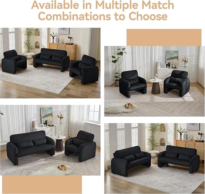 56'' Corduroy Loveseat Sofa, 2 Seater Love Seat Couch for Small Space, Comfy Upholstered Modern Leisure Loveseat Couches with Lumbar Pillows for Bedroom, Office, Living Room, Black