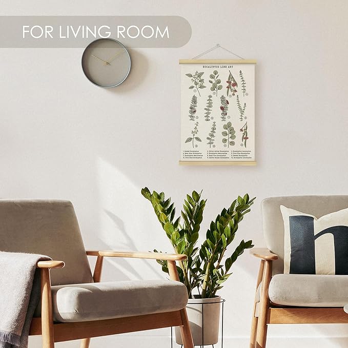Fewgb Botanical Eucalyptus Leaves Flower Wall Art Decor for Plant Lovers Room Bedroom Classroom, Leaf Reference Chart Hanging Poster Framed with Hanger, Floral Wildflower Picture Prints 12x16