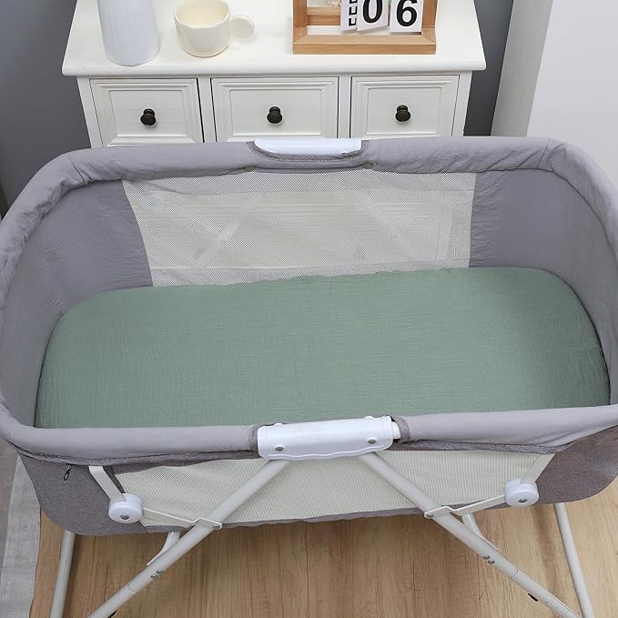 Onacosht Muslin Bassinet Sheets 3 Pack, 100% Cotton Baby Fitted Sheet 33" x 19" Compatible with Mika Micky, KoolaBaby (3 in 1), BabyBond, HARPPA and RICUTON Bedside Bassinet, Green, Floral and Cactus