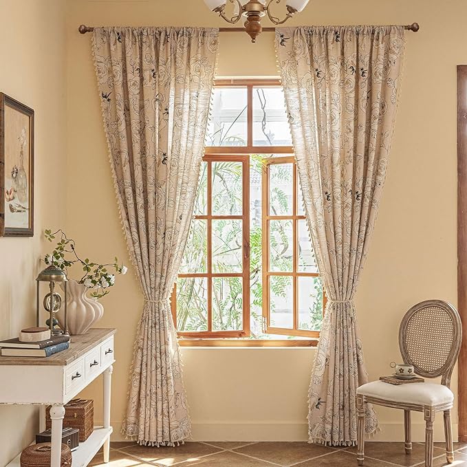 OYX Boho Floral Semi-Blackout Curtains for Bedroom, 2 Panels 52x63 Inches, Grey Rose Vintage Country Pattern with Tassels, Rod Pocket Design, Farmhouse Window Treatments