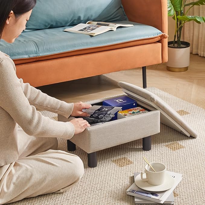 IBUYKE Storage Ottoman Footrest Stool with Linen Fabric, Rectangular, Flip Top Lid, Non-Slip Feet, Compact Design, Stylish and Functional, Linen RF-BD223
