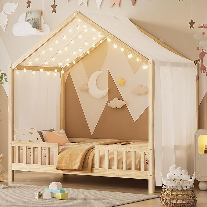 Montessori Floor Bed with Canopy, High Railings and Roof, Twin Size Wood House Bed Frame for Kids Bedroom (Natural/C2)