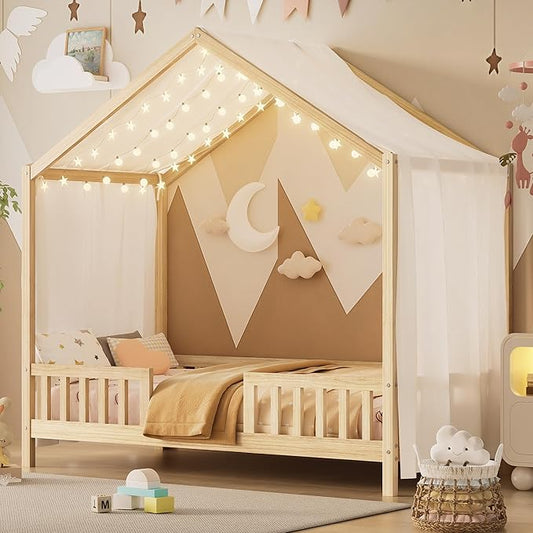 Montessori Floor Bed with Canopy, High Railings and Roof, Twin Size Wood House Bed Frame for Kids Bedroom (Natural/C2)