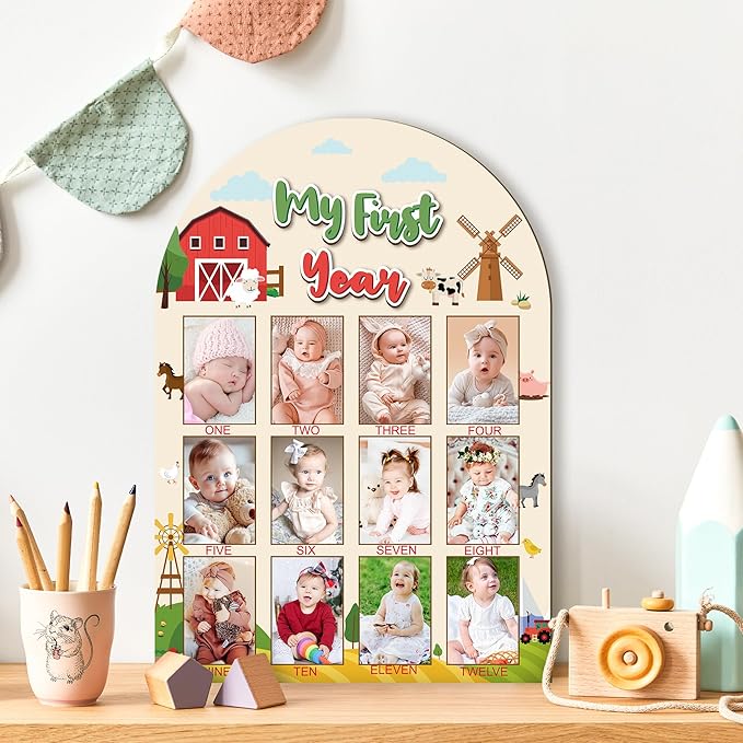 R HORSE My First Year Photo Display Wood Board - Baby’s First Year Picture Frame, 12 Months Milestone Board, 3D Farm Themed Neutral Baby Keepsake Gift One Year Old Birthday Nursery Decor for Girl Boy