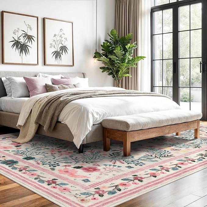 Rugs for Living Room 8x10, Pink Boho Thin Washable Non-Slip Area Rugs for Bedroom Girls, Soft Floral Low-Pile Nursery Carpet for Dining Room Kids Room Indoor Playroom, Pink/Multi