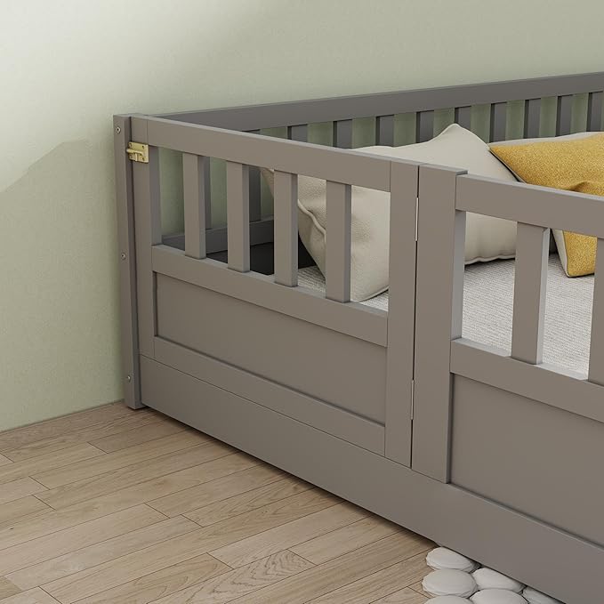 GDFStudio Full Size Floor Bed Frame with Opening Door & Guardrails, Montessori Toddler Full Bed Frame for Boys Girls, Wooden Low to Floor Bed Rails for Toddlers, Support Slat, Grey