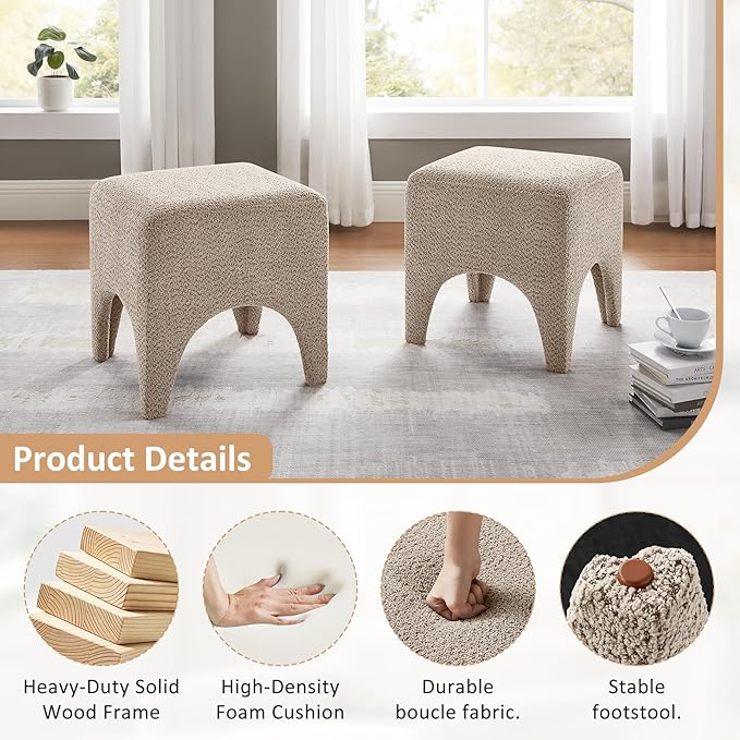 17" Boucle Modern Square Foot Stool Ottoman, Vanity Stool for Makeup, Rectangle Foot Rest for Couch, Upholstered Ottoman Stool for Living Room, Bedroom, Entryway (2, Camel)
