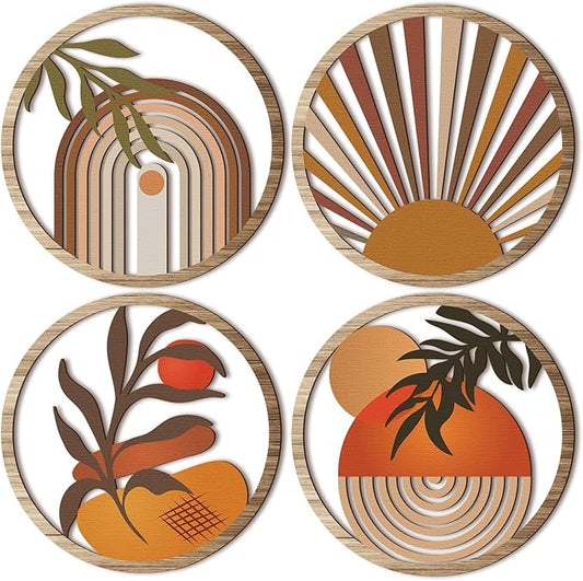 Qunclay 4 Pieces Boho Wall Art Wooden Round Wall Decor Hollow-out Hanging Art Nursery Decor Farmhouse Geometric Hanging 10 Inch Aesthetic Wood Minimalist for Apartment Bedroom Bathroom Gift(Stylish)