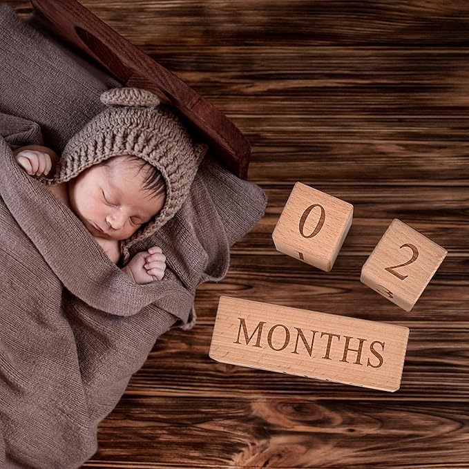 Baby Monthly Milestone Blocks - Handcrafted Wooden Number Blocks for Milestones - Days, Weeks, Months, Years - Ideal for Newborn Photos & First Year Memories
