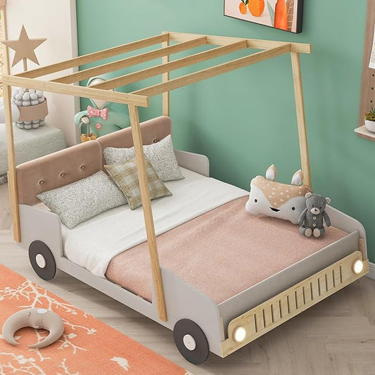 Classic Full Size Car-Shaped Platform Bed with Wheels and Ceiling Cloth, Solid Wood Low Bed Frame with Pillow and LED Lights, Cute Floor Bed for Kids Boy Girls