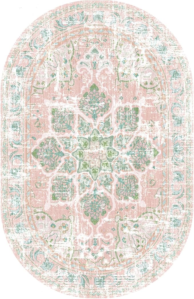 Vhong Washable Boho Area Rugs Vintage Modern High Traffic Carpet Dusty Pink and Green 4×6 Oval Non Slip Rugs for Dinning Room Living Room Bedroom Farmhouse