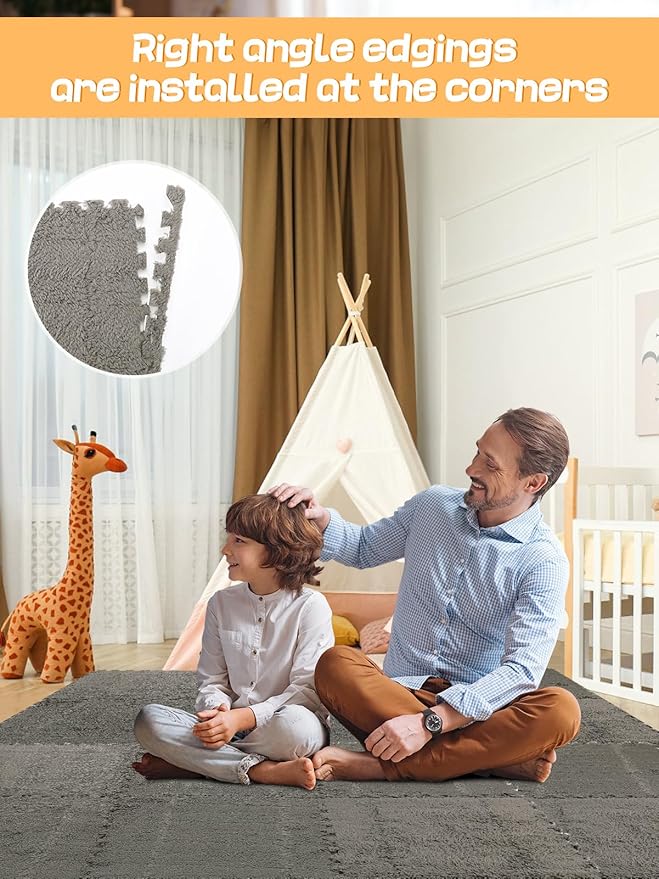 12 pcs Thickened Plush Foam Interlocking Floor Mat, Interlocking Foam Tiles with Edgings for Kids, Soft Anti-Slip Puzzle Area Square Rug Playmat for Children Room Bedroom(11.8", Gray)