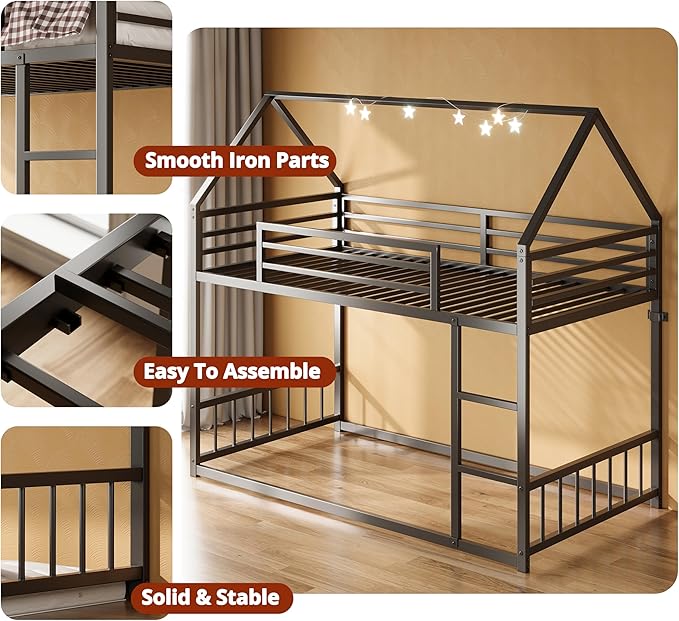 LIKIMIO Bunk Bed Twin XL Over Twin XL, Metal Bunk Bed Frame with Ladder and Guardrail, House Shaped with Metal Slats for Dormitory and Bedroom, Space Saving, No Box Spring Needed, Black