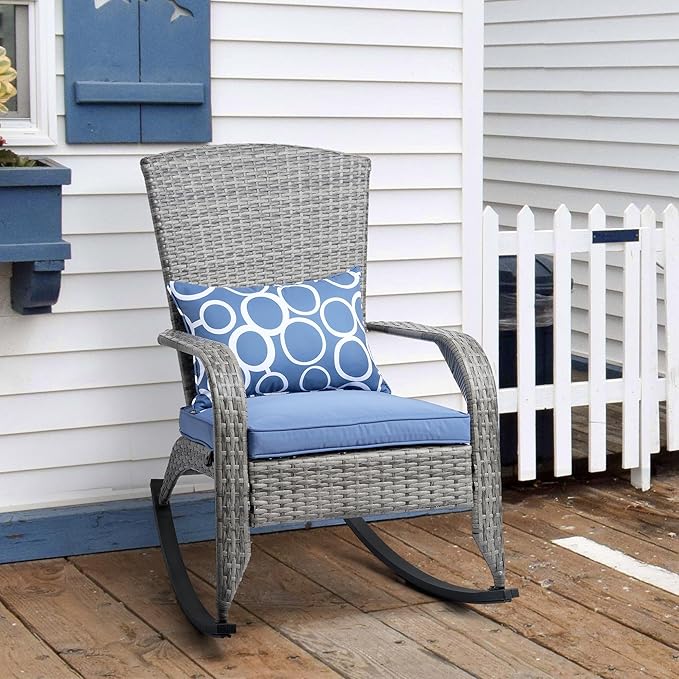 Outdoor Rocking Chair- Glider Rattan Rocker Chair with Heavy Duty Steel Frame- All Weather Outdoor Rocker Chair for Garden, Porch, Backyard, Poolside