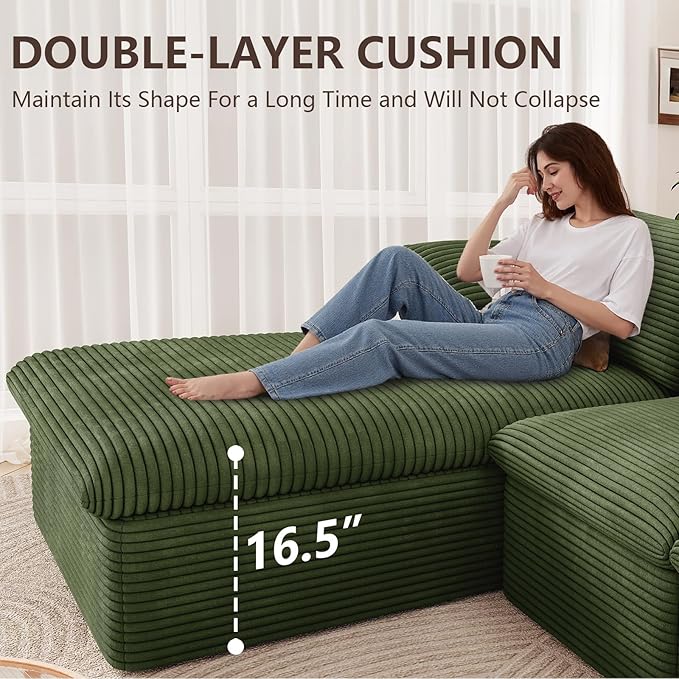 107 Inch Cloud Sectional Couch, Modern Modular Sectional Sofa with Deep Seat, Corduroy Boneless Couches with L-Shape Chaise for Living Room Bedroom, No Assembly Required (Green, Left Facing Chaise)
