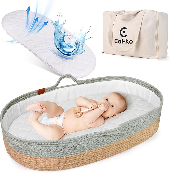 Moses Basket for Newborns – Baby Changing Basket with Waterproof Pad – Reinforced Mesh Sides – Includes Travel Case – Portable Diaper Basket for Dresser Top or Nursery Use (Cotton, Teal)