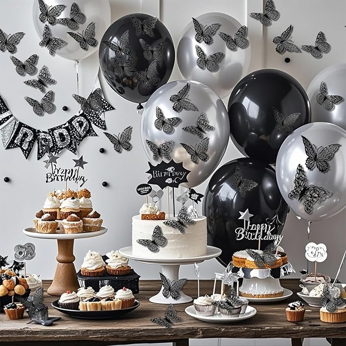 3D Gold Butterfly Wall Decor 3 Sizes 4 Styles Butterfly Party Decorations Cake Decorations Removable Stickers Wall Halloween Decor Room Mural Metallic Kids (Black, 96Pcs)