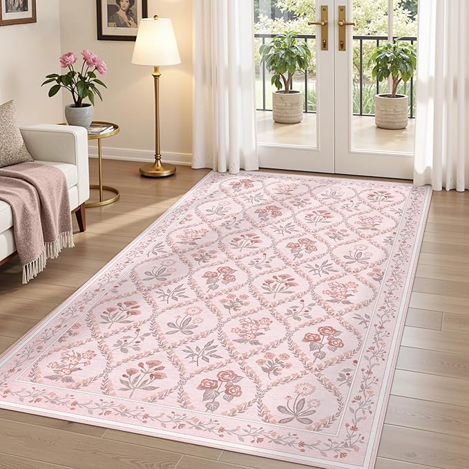 3x5 Nursery Rug, Boho Pink Floral Area Rugs Machine Washable, Soft Ultra-Thin Low-Pile Carpet Non Slip for Girls Room Bedroom Entryway Playroom Living Room, Pink Multi
