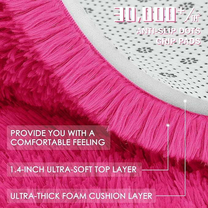 OLANLY Hot Pink Round Rugs for Bedroom - Machine Washable, 2 ft Circle Area Rugs for Living Room, Soft and Fluffy Shaggy Carpet for Teen Girls and Boys, Nursery Rooms, Dorms, Home Decor Aesthetic