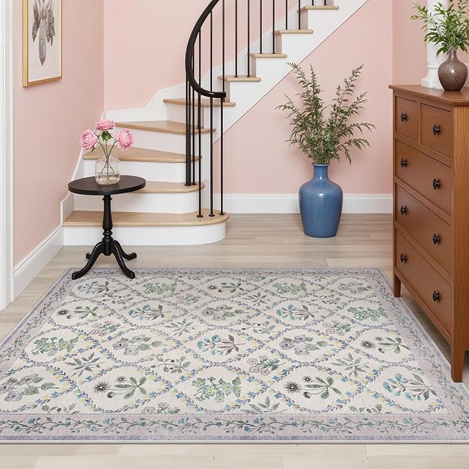 Purple Rugs for Bedroom Girls, 4x6 Boho Floral Washable Area Rug Non Slip, Soft Indoor Decor Elegant Carpet for Kids Room Nursery Living Room Dining Room, Purple Grey