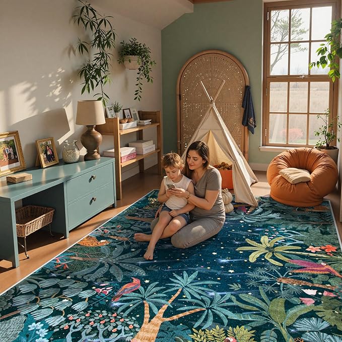 Lahome Midnight Jungle Rug, 9x12 Green Forest Living Room Dining Room Rug, Washable Large Carpte for Bedroom Classroom Non Slip Non Shedding Floor Carpet for Guestroom Office