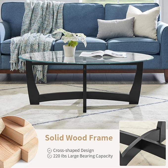 LKTART 48" Oval Glass Coffee Table with Tempered Glass Top Cross and Solid Wood Base Simple & Modern Center Table for Living Room Office Apartment Black