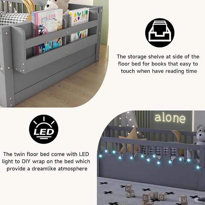 Twin Toddler Floor Bed with High Rails, Wooden Montessori Bed Frame with Light and Storage Shelf, Twin Size Bed Frame for Kids, Boys and Girls, Grey
