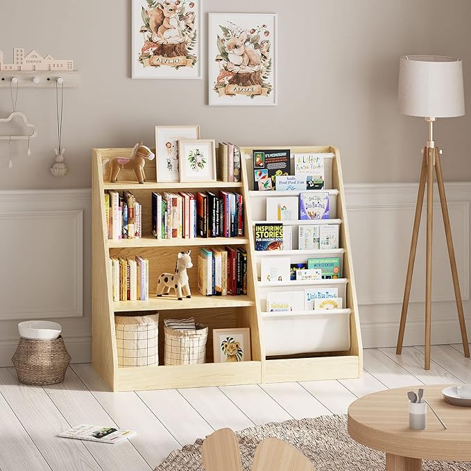 4 Tier Kids Wooden Bookshelf,Five Layer Sling Children Bookcase,Baby Storage Book Rack,Book and Toy Organizer Cabinet Chest,Book Display Shelf,Playroom Nursery Classroom Library