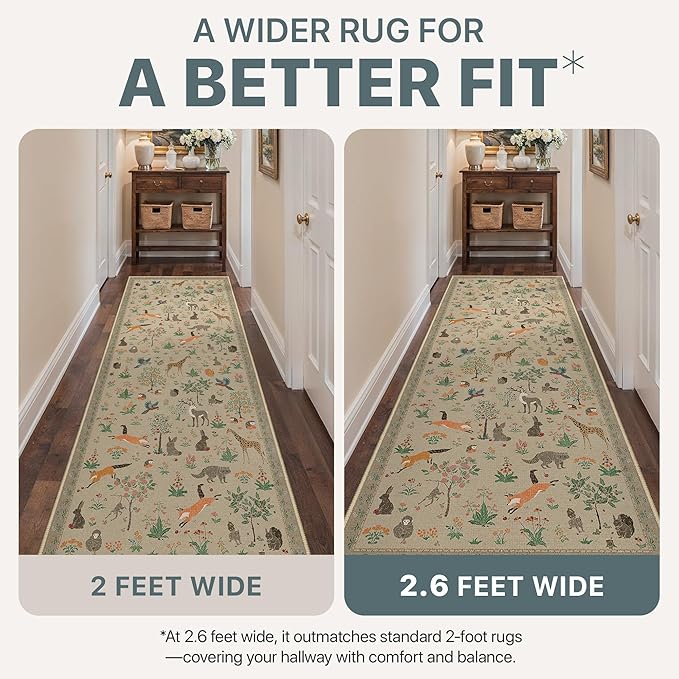 Runner Rug Non Slip 2'6''x 6', Floral Animal Print Rug Machine Washable Rug, Non Slip Low Pile Hallway Runner Carpet for Kitchen, Laundry, Bedroom, Bathroom, Light Taupe