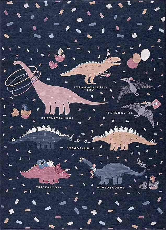 Hauteloom Milne Kids Room, Nursery Machine Washable Area Rug - Dinosaur - Navy, Blue Multi - 5'3" x 7'3"