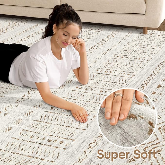 Area Rugs for Living Room Washable Living Room Rug Soft Neutral Indoor Floor Carpet Non-Slip Stain Resistant Modern Boho Rugs for Bedroom Dining Room Kids Room Nursery Office Home Brown/Cream