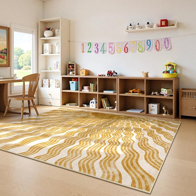 Boho Machine Washable Rug 6x9, Sun Print Soft 6x9 Nursery Rug for Bedroom Classroom, Ultra-Thin Non Slip Kids Large Carpet for Living Room Playroom Office(6'x9',Gold/Multi)