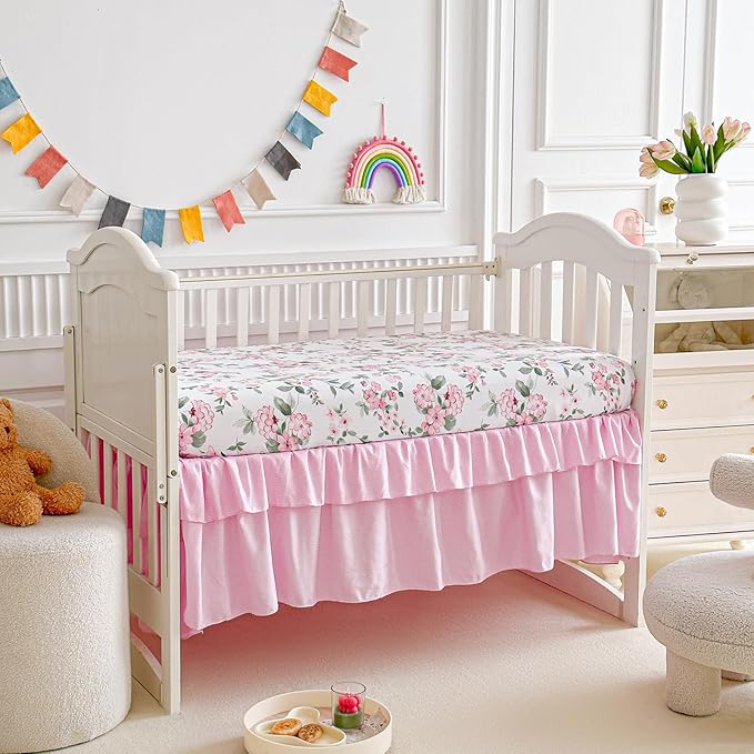 3 Pieces Pink Rose Flowers Crib Bedding Set Baby Ruffled Quilted Comforter with Fitted Sheet and Bed Skirt - Cute Ruffled Shabby Chic Baby Girls Bedding Soft Blanket Floral Design